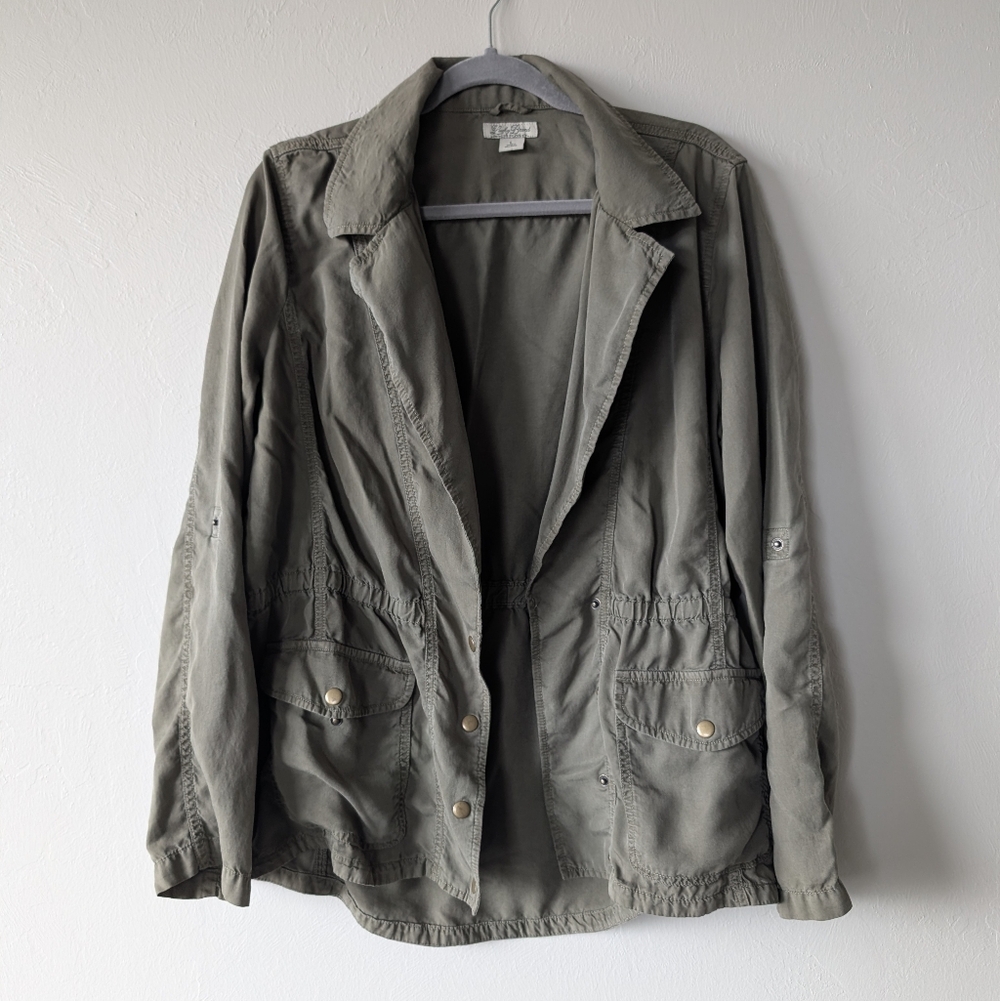 Lucky Brand Utility Jacket Green Cargo Button Front Women’s Size L Soft Tencel